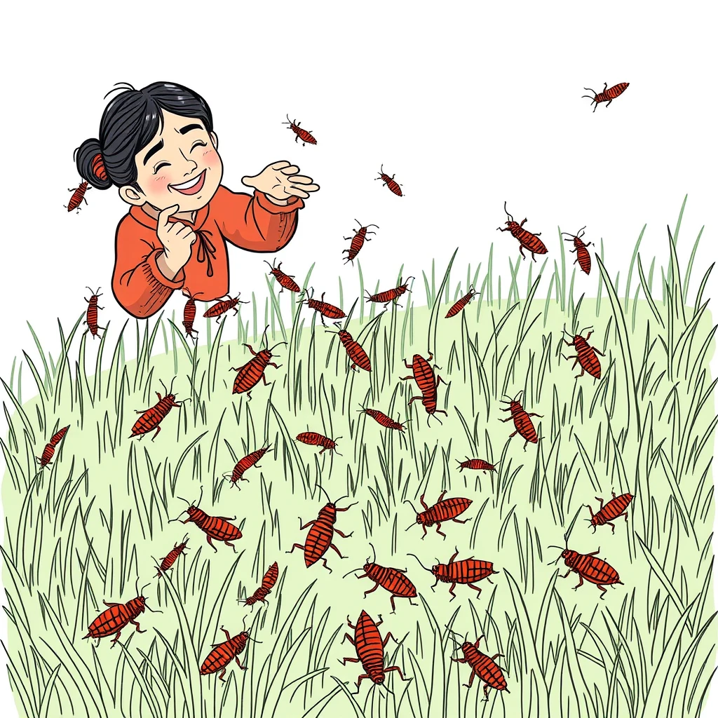 lineart comic, A middle-aged Chinese woman released a lot of cockroaches on the grass. - Image