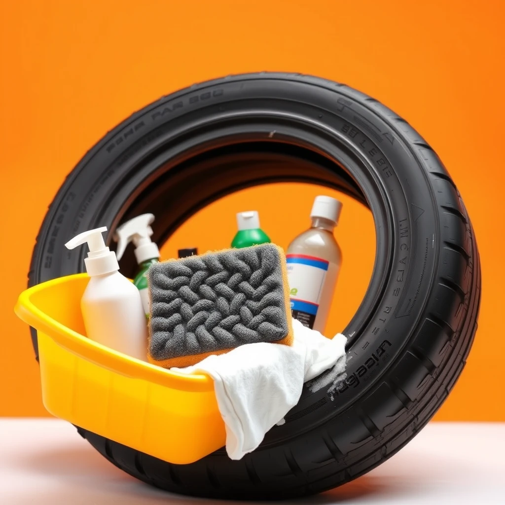 Studio photography of a used car tyre with a yellow plastic bucket, a car sponge, and white foam. Various cleaning products are placed on the tyre. The background is a solid orange, and the image is captured with high-key lighting from an angle that shows the front of the bucket. - Image