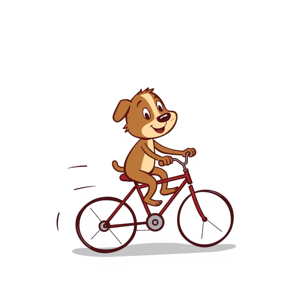 Dog riding a bicycle, simple strokes, few color elements, cute,cartoon