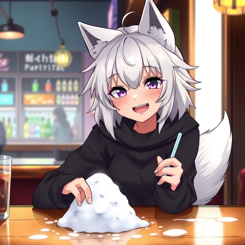 An anime woman with fluffy wolf ears and a fluffy tail, medium-length messy white hair, and purple eyes is sitting at a table in a bar. On the table is a tiny mountain of snow. The girl looks at the snow with a big, crazy smile and has a straw in her right hand.