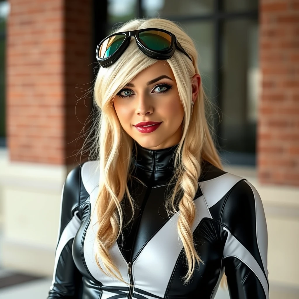 Photograph of a Gwen Stacy cosplay. White-black. Cameltoe.