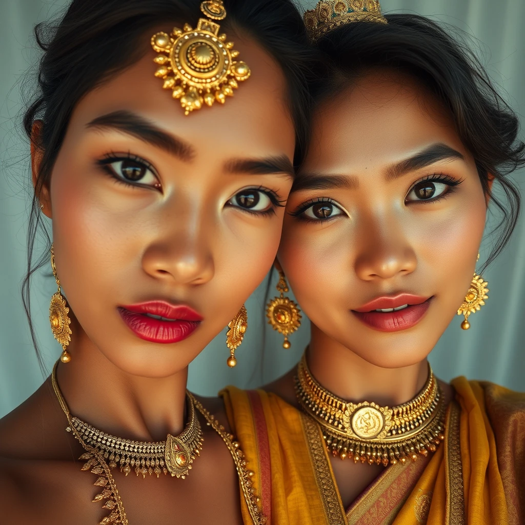 Selfie of a super muscular close-up view of Indian-Japanese women wearing gold ornaments and cloth.