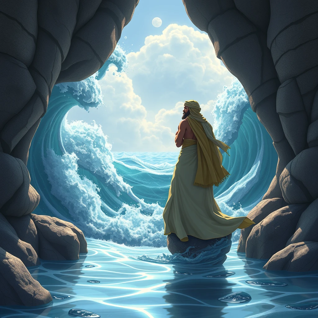 An ancient Arabian man split the sea into two parts so that the waves were very high to the left and right, animation. - Image