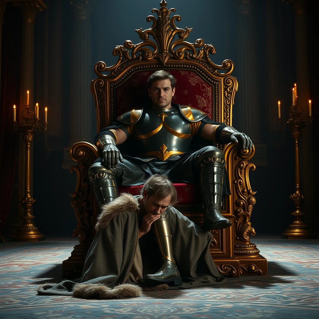 [Scene] A dramatically lit, professional photograph depicting a scene of stark contrast and power dynamics in a medieval European palace. The grand hall is opulent, yet shadows cling to the corners, hinting at the recent upheaval. A golden throne, resplendent with intricate carvings, dominates the center of the image, bathed in the warm glow of unseen torches.  
[Characters] A handsome, powerfully built usurper, clad in gleaming, battle-worn plate armor, sits sprawled arrogantly upon the throne, his muscular form a stark contrast to the richly embroidered velvet cushions. His expression is one of cold triumph, his gaze fixed on some distant point beyond the frame. At his feet, kneeling in a posture of abject submission, is the deposed king, a frail figure draped in a tattered, fur-trimmed robe, his face etched with despair as he presses his lips to the usurper's armored boot. - Image