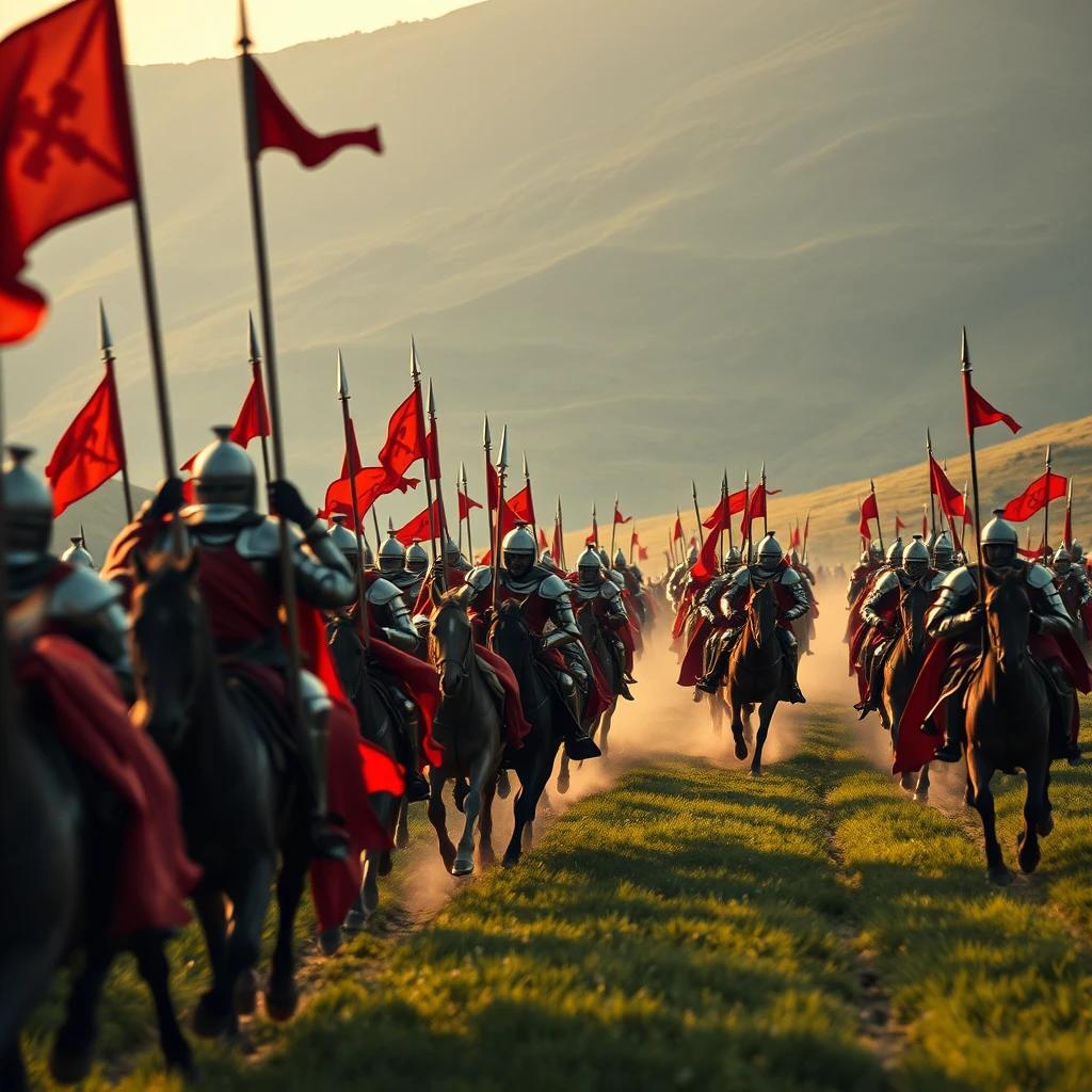 [Medieval knights] charge movie scene cinematic still: [Medieval knights riding down a green lush valley at dawn, cavalry running compact behind their Lord, he's raising the spear and shouting, savage cavalry charge, swords, spears, armor, red flags on spears, red fabric extensions, dark silver armor shining]. [Wide framing, cinemascope]. Group action, Editorial quality, Motion blur, adrenalinic action posture, dust flying. Blowing wind, War movie scene, in the style of [James Cameron], uhd, hdri, 4k --chaos 7 --ar 16:9 --stylize 500 --v 6.1 - Image