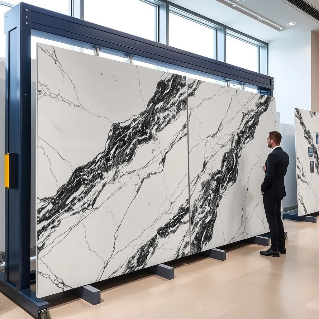 Smart, stylish automated carrier-and-display system that holds two large, 4-meter-sized polished marble panels in an L-shaped configuration, arranged in a matching pattern, suitable for a professional yet cheerful setting. - Image