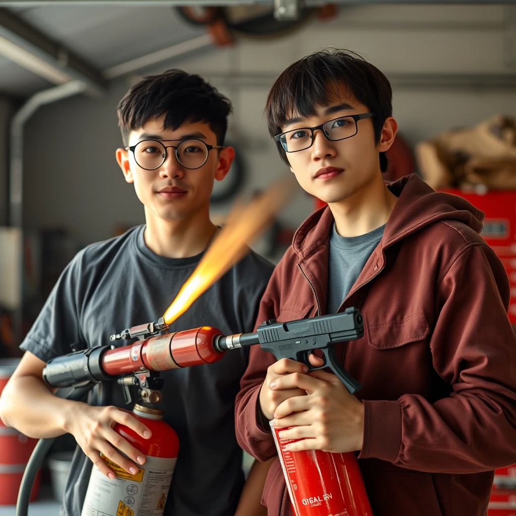 A set of 2 people, 2 men, both 21 years old: 1 Caucasian man and 1 Northern Chinese man, together in a garage setting. The first man is rather thin, has round prescription glasses, black short hair, and is holding a very large fire extinguisher flamethrower. The second man has a thin, long face, wears square prescription glasses, has mid to long fringe hair, and is holding a pistol. - Image