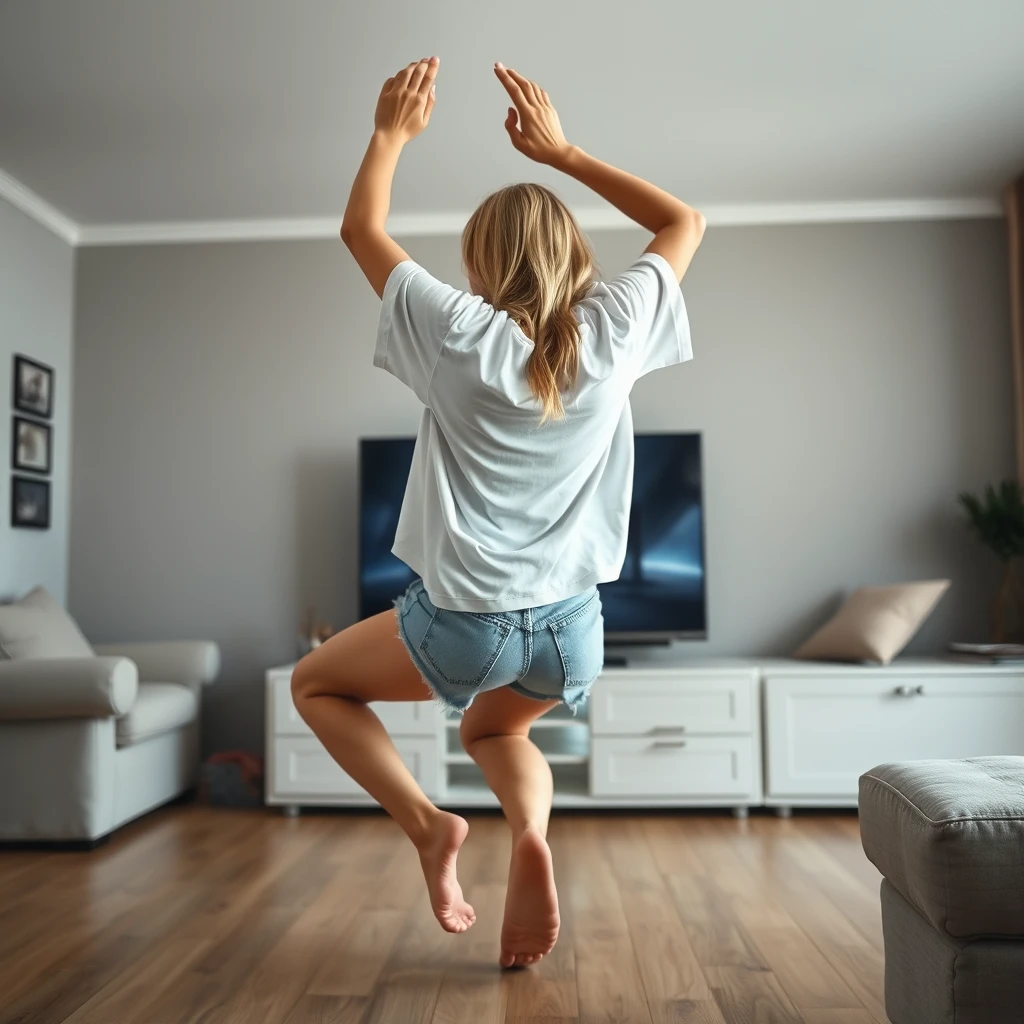 Side view angle of a skinny blonde woman in her large living room, wearing an extremely oversized white t-shirt that is unbalanced on one of the sleeves, along with oversized light blue denim shorts. She is barefoot, facing her TV, and dives head first into it, with both arms raised beneath her head and her legs kicked high in the air. She is at a 60-degree angle and is already halfway through the TV screen.