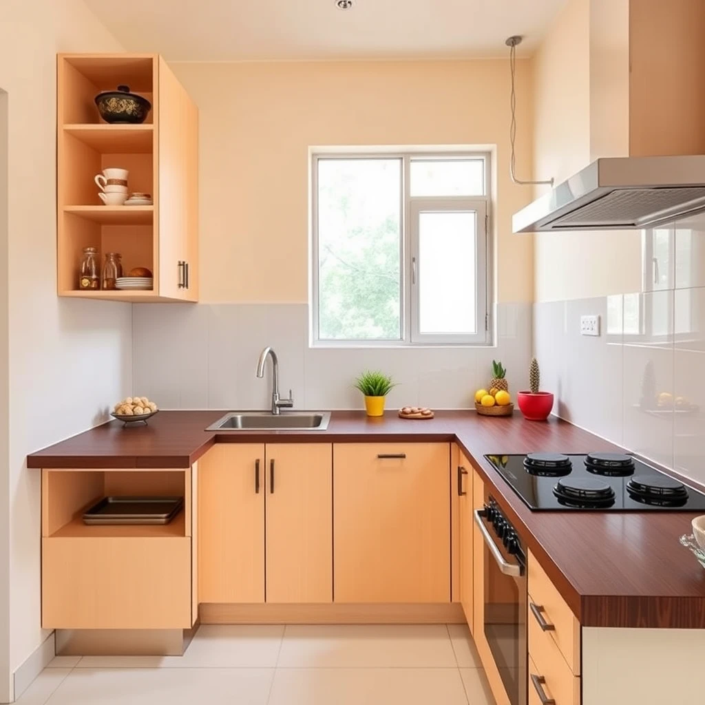 Minimalist and cheerful L-shaped kitchen platform with sink in the corner, window on one wall, and cooktop next to another wall, featuring space-saving storage ideas in an ethnic Indian style and color palette.