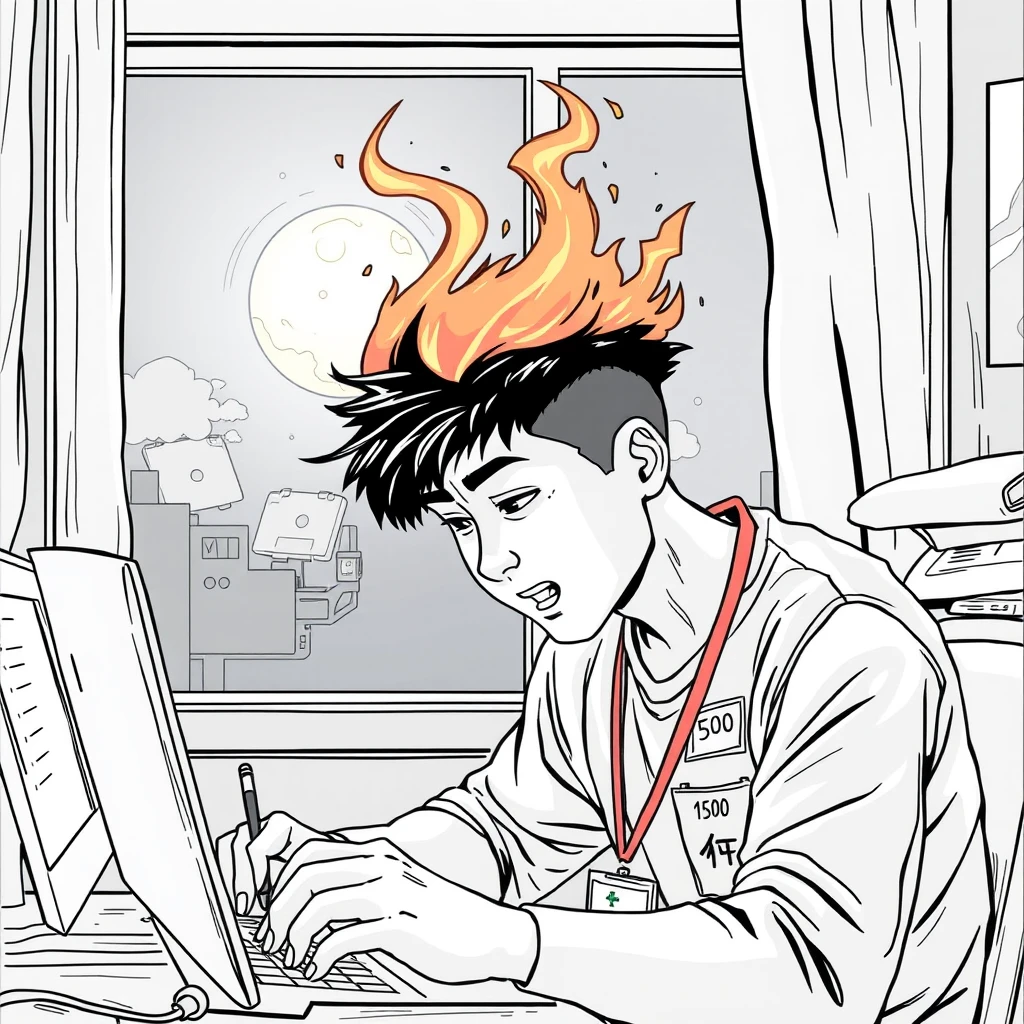 lineart comic, A young Asian man working like crazy, his head on fire, the moon outside the window. The man had an ID tag that said "500." - Image