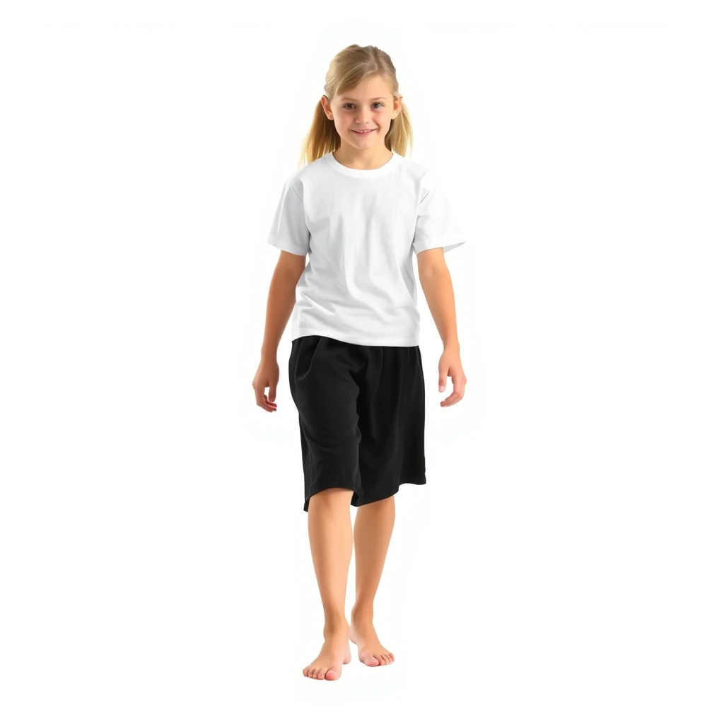 Create a photo: A 16-year-old teenage girl is wearing a black skirt and a white T-shirt and is barefoot. She is fully visible and walking towards the viewer. The background is white. - Image