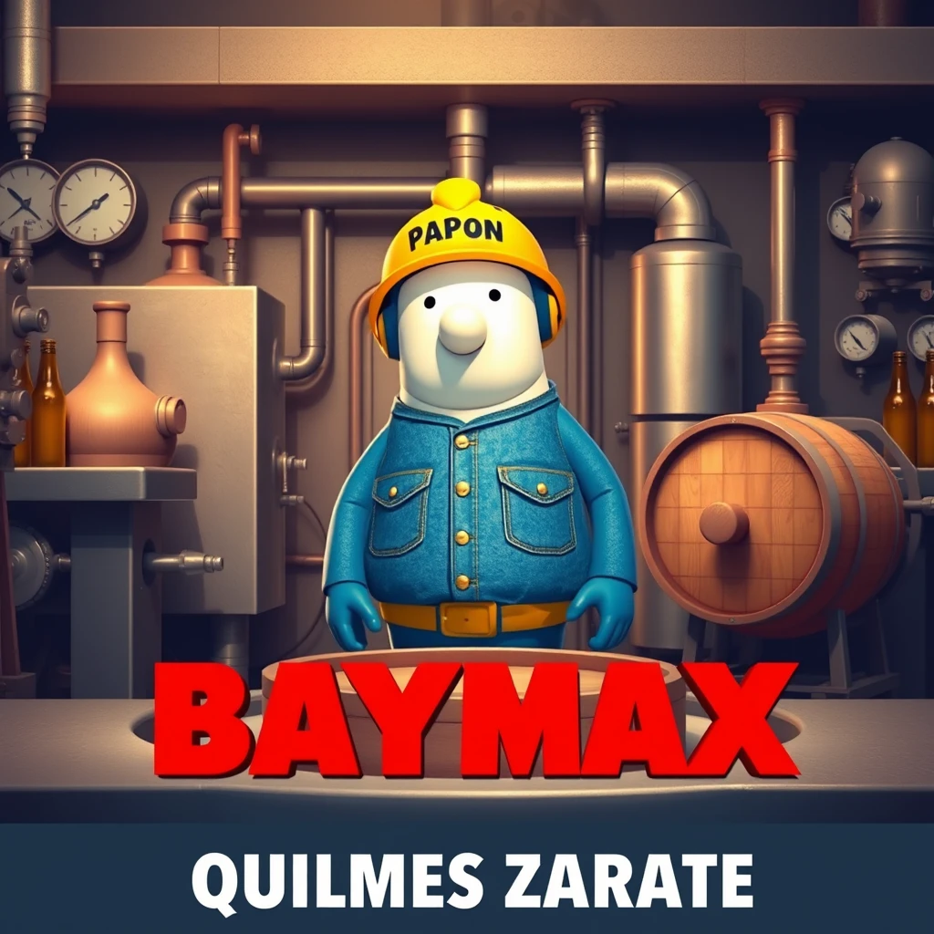 "Baymax in a beer bottling plant surrounded by machinery, a barrel, gauges, dressed in a blue denim uniform and wearing a yellow helmet that has the word POPON written on it, and below the photo the caption QUILMES ZARATE."