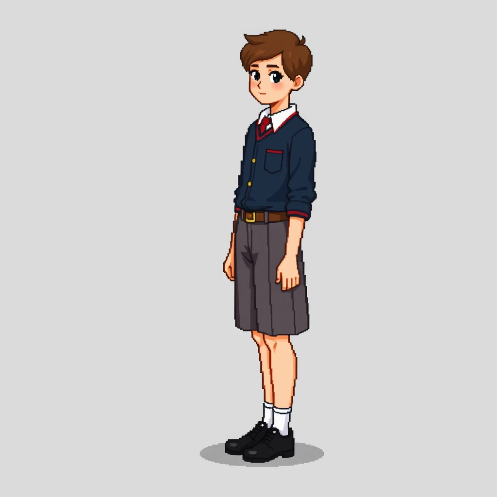 Soviet schoolboy in pixel art style full body, school uniform, no belt, classic black shoes, brown hair, without any hat.