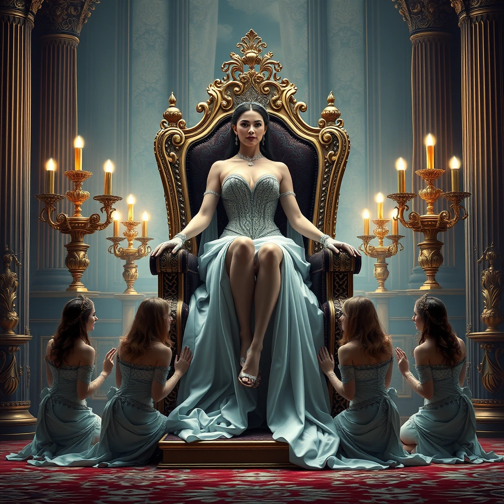 The voluptuous and sexy beautiful queen sits on a luxurious and exquisite throne, which is raised by several kneeling palace maids. - Image