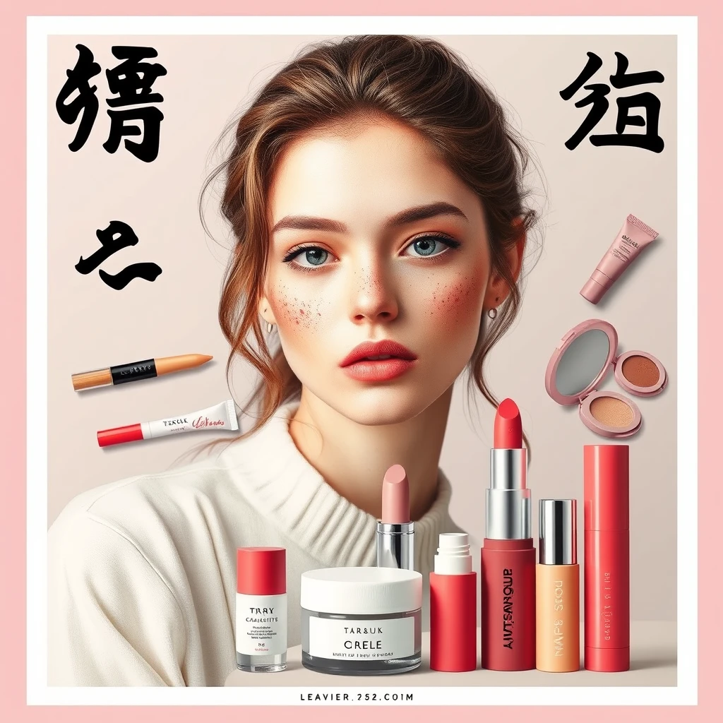 "Literary youth style realistic cosmetics poster, no characters, just products."