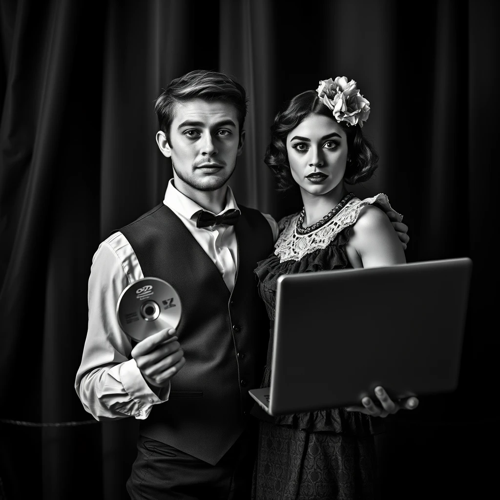 Envision a black-and-white hyper-realistic image capturing a young couple in 1920s Vaudeville-style attire, posed intimately. The man dons a waistcoat, high-collared shirt, and sports neatly styled hair, emblematic of the era. The woman wears a ruffled dress with a lace collar, a floral headpiece, and classic makeup from the 1920s. Both are holding modern technology: the man with a DVD disc, looking amazed, and the woman with a laptop, astonished at their image on the screen. The dark background features heavy, ornate curtains, creating a theatrical look akin to a Vaudeville stage. Soft lighting highlights their faces, expressions, and costume details. The image should echo the vintage style of the 1920s with high contrast and a touch of graininess. High-resolution details should reveal the textures of the fabric and lace, with a subtle bokeh effect to soften the background, drawing focus to the couple and the technology in their hands. The mood is a whimsical fusion of nostalgia and modernity, capturing the Vaudeville charm and juxtaposing it with contemporary technology. - Image