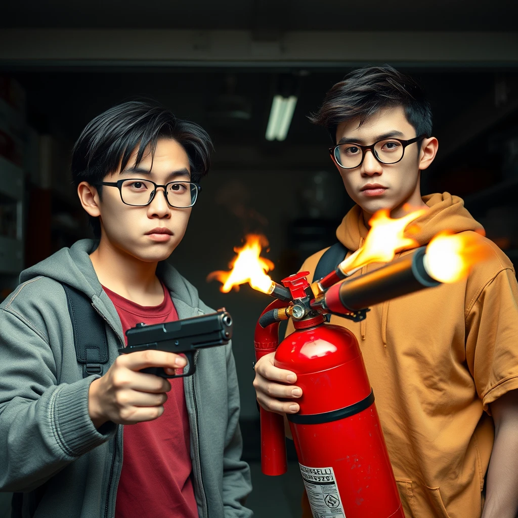 21-year-old white thin long-faced young northern Chinese man with a square chin, wearing square glasses, holding a pistol, "medium/long length hair"; 21-year-old white Italian man wearing round glasses and short hair holding a very large fire extinguisher flamethrower; garage setting; both angry.