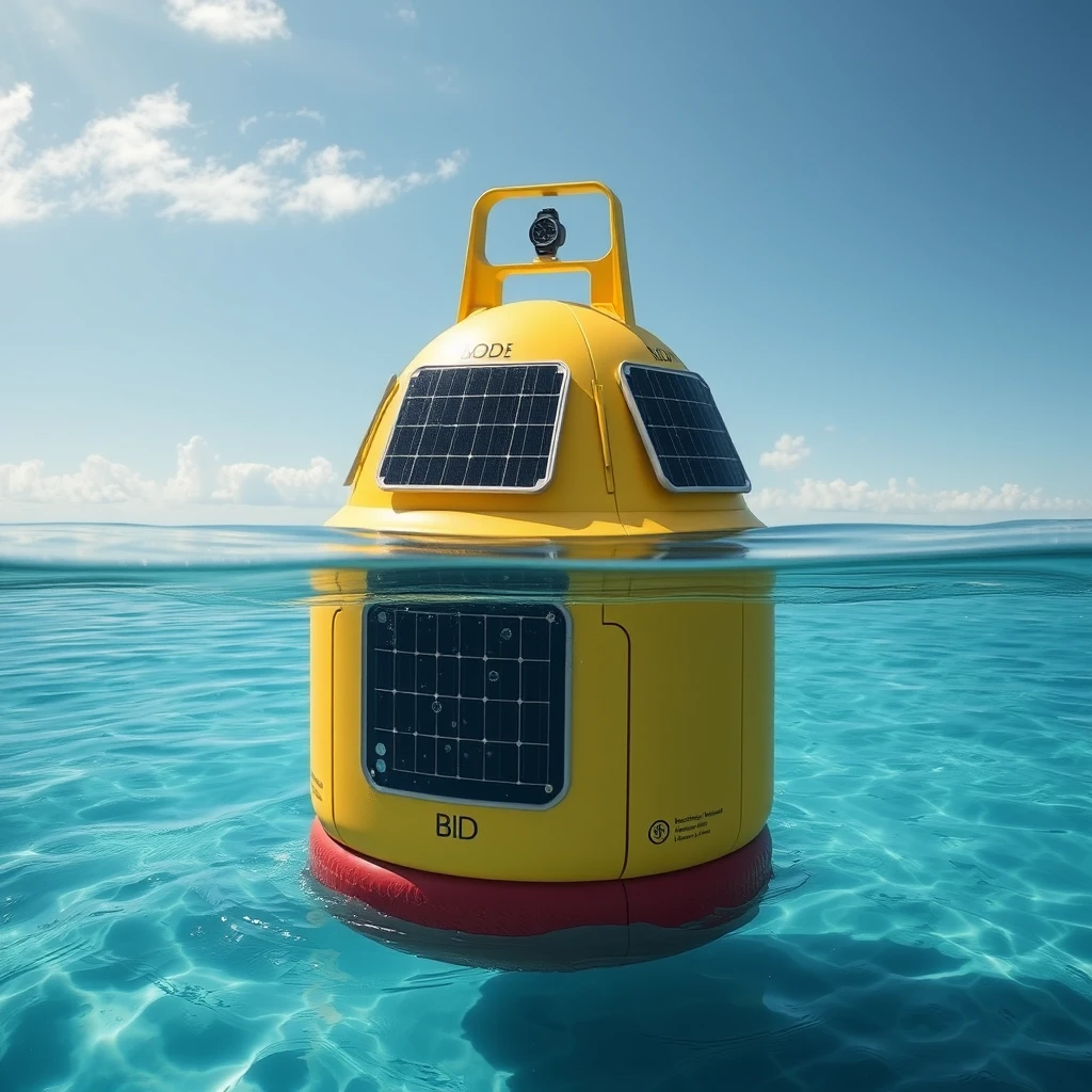 Stunningly beautiful marine buoy, powered by solar panels, with technology that smartly measures physical parameters of wave heave, underwater temperature, BOD status. - Image