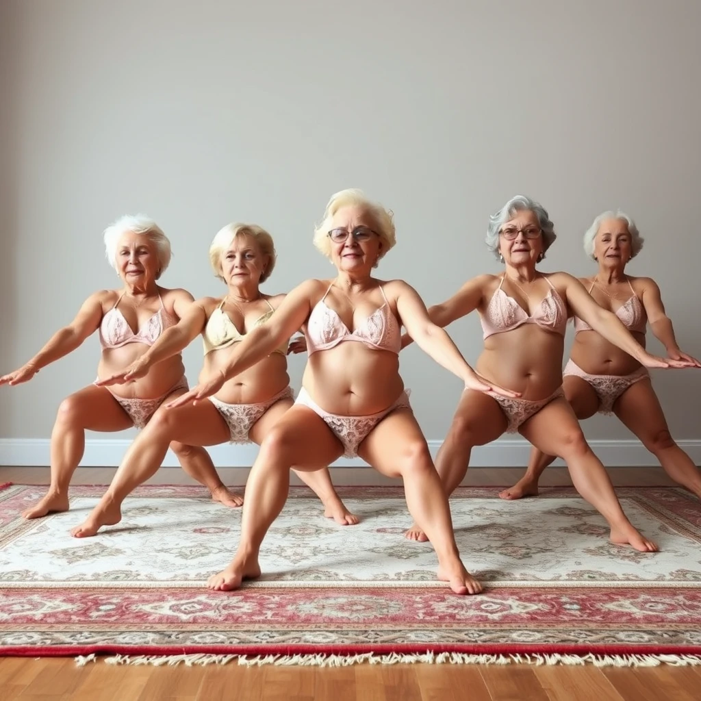 Group of 5 older women aged 80 and above in tiny lace bikinis on a rug stretching their legs open like splits.