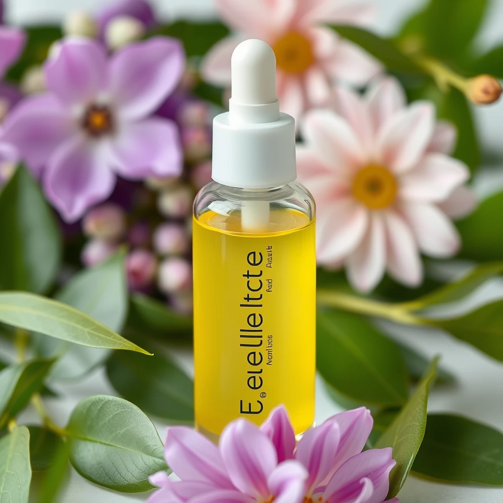 Transparent cosmetics, with yellow liquid in the bottle, surrounded by flowers and green leaves in the background, in a minimalist style.