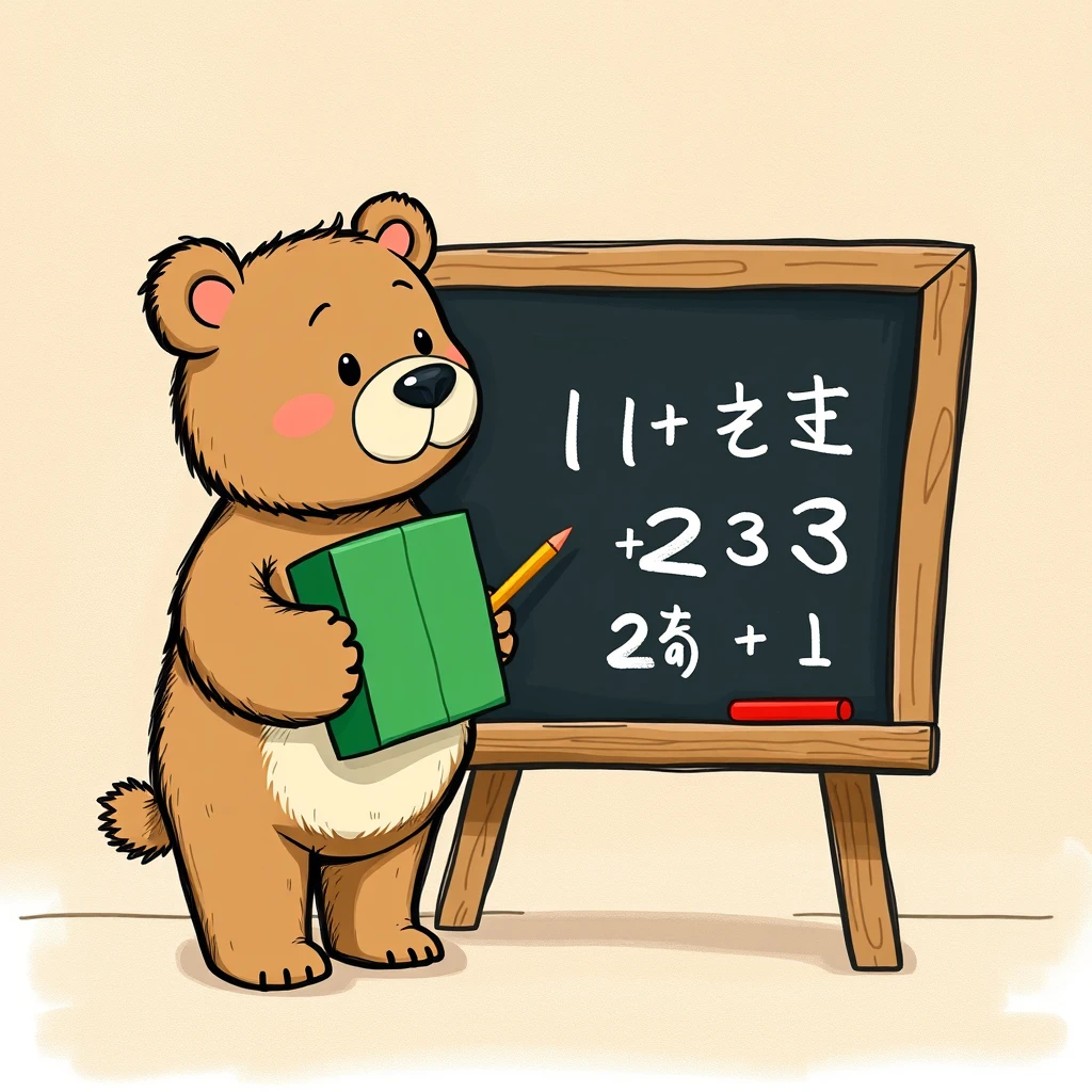 a carton bear holding a blackboard writing 1+1、1+2、3-1 on it - Image