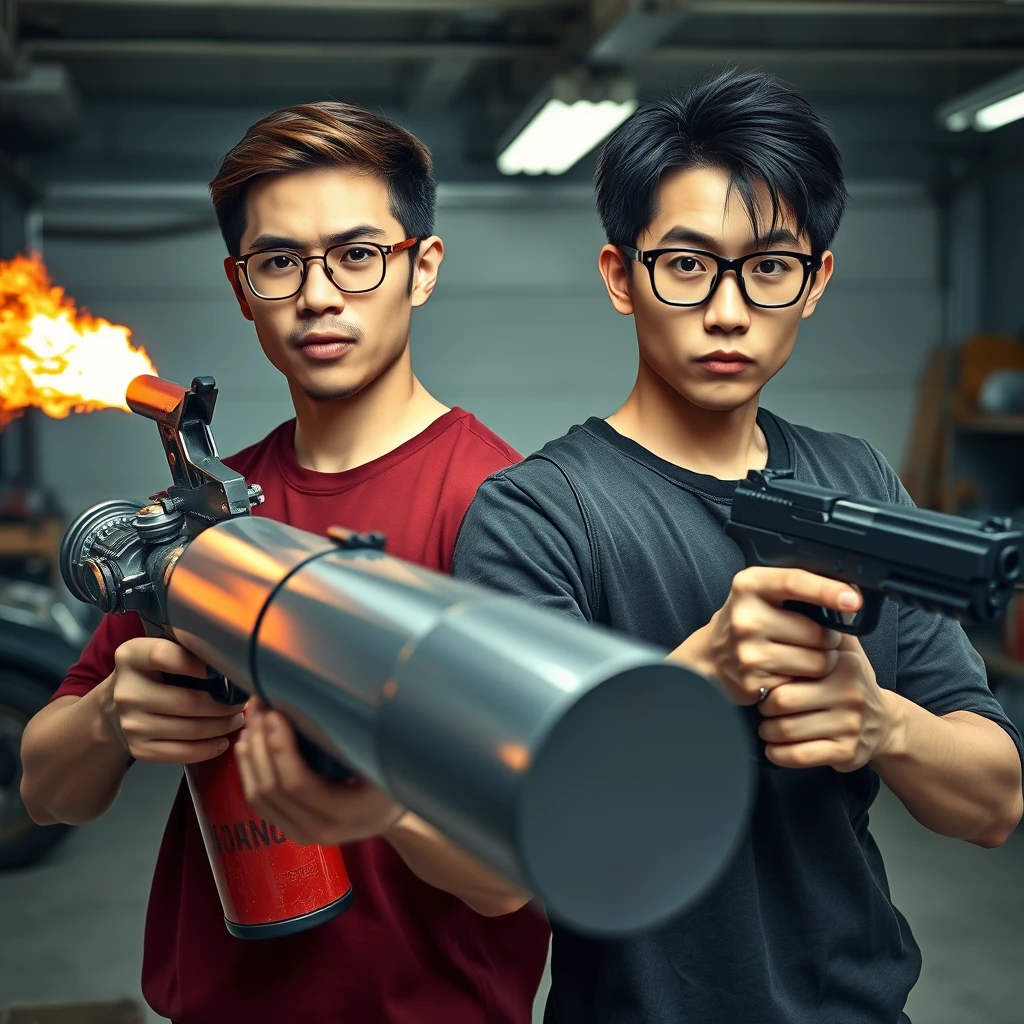 A 21-year-old very light-skinned Italian man with round glasses and short brown hair is holding a very large fire extinguisher flamethrower. Next to him is a 21-year-old white northern Chinese man with a thin, long face and square glasses, sporting mid-length black hair with a fringe, holding a Glock. Both appear angry and have murderous intent, set in a garage environment. - Image