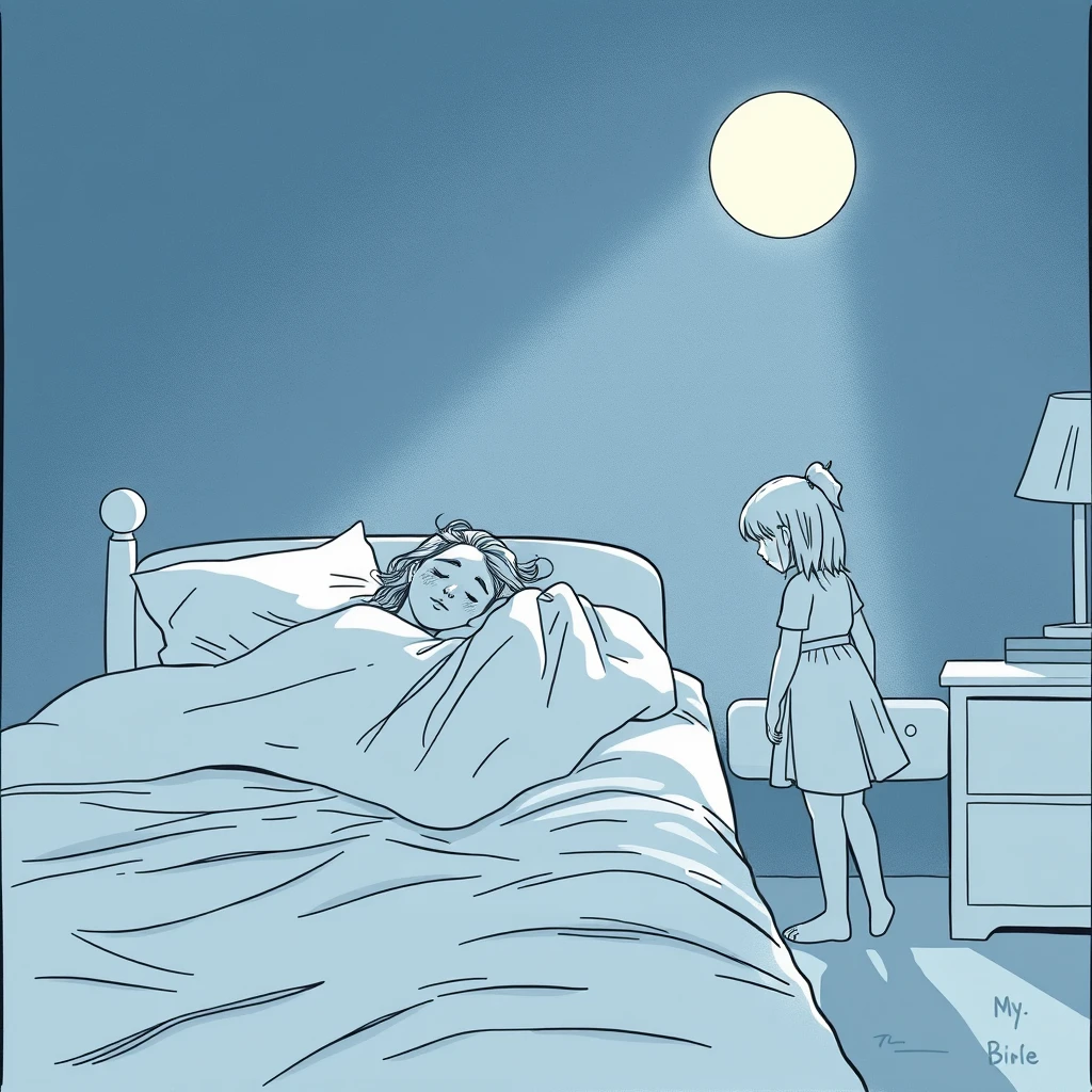 Side view of the bed where there is a woman sleeping on the bed while her daughter standing nearby is opening a drawer, dark night, moonlight, atmosphere, comic line art.