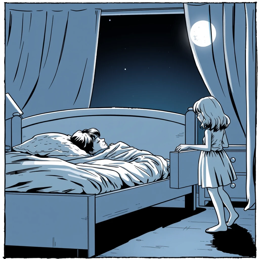 Side view of the bed where there is a woman sleeping on the bed while her daughter standing nearby is opening a drawer, dark night, moonlight, atmosphere, comic line art.