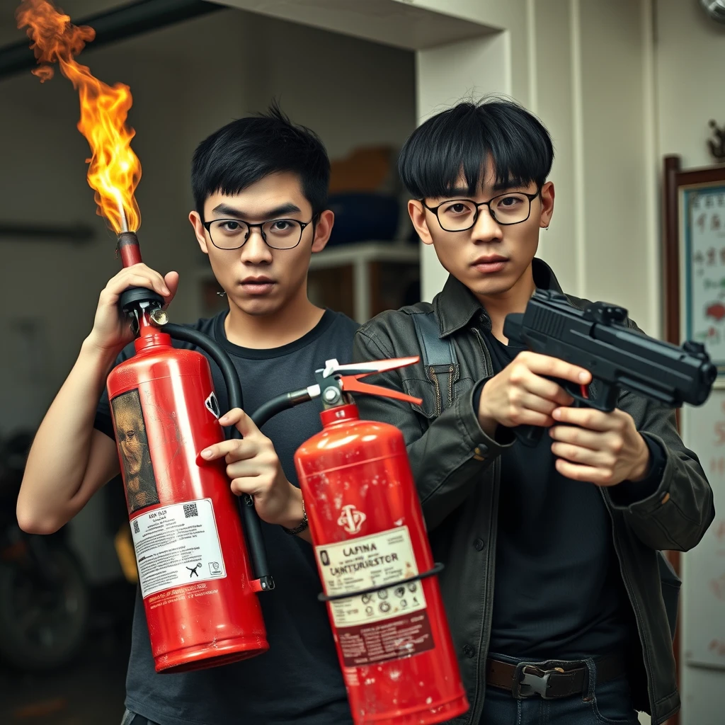 A 21-year-old very fair-skinned Italian man wearing round glasses and having short black hair is holding a very large fire extinguisher that resembles a flamethrower. Next to him is a 21-year-old white northern Chinese man with a thin, long face, wearing square glasses and having mid to long black hair with a fringe. He is holding a Glock. Both appear angry, radiating murderous intent, and the setting is a garage. - Image