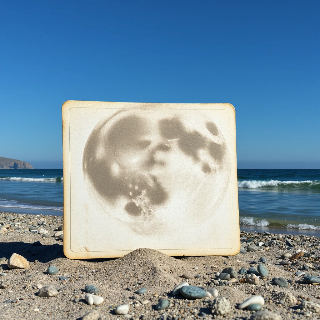 A flashcard that tries to mimic the moon because it got very stoned and dazed, on a beach near Italy.