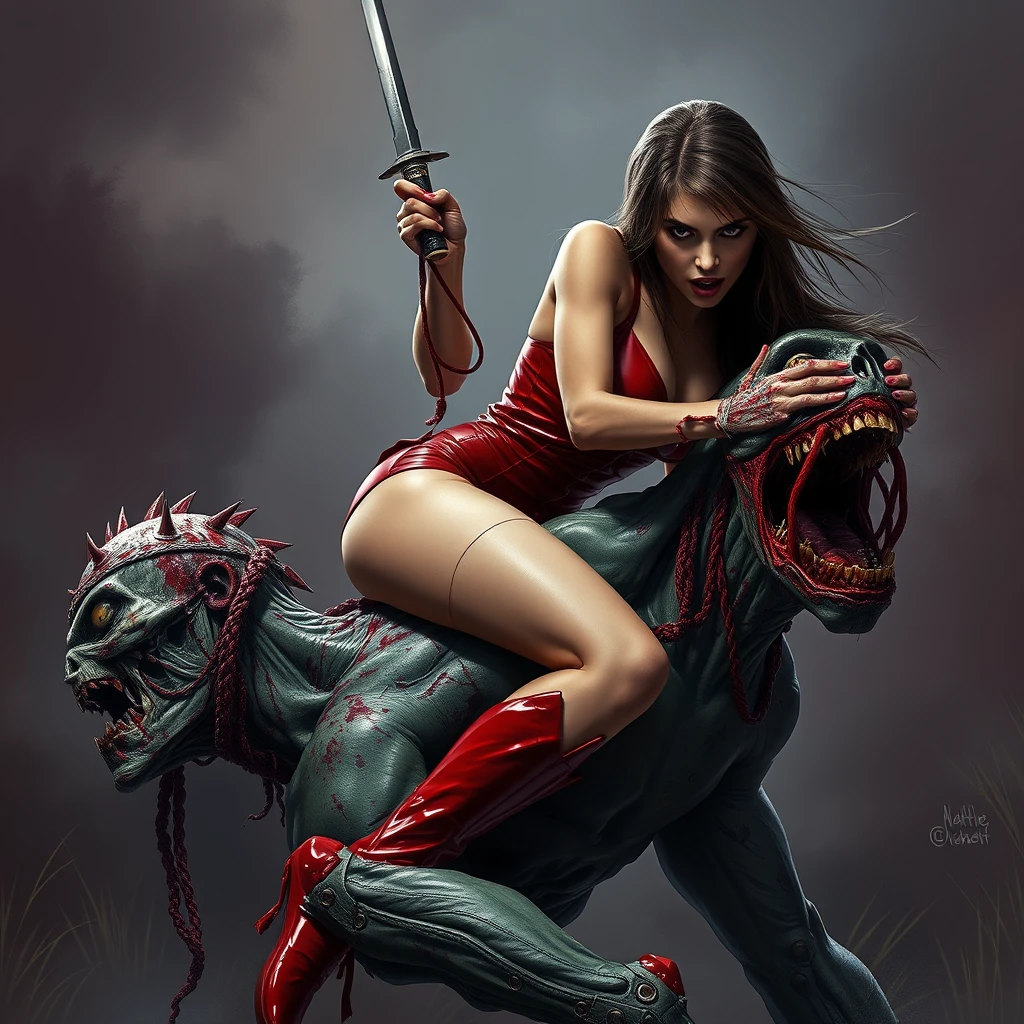 A girl in red sexy battle leather underwear rides on a zombie's neck, holding a stab and ready to kill him.