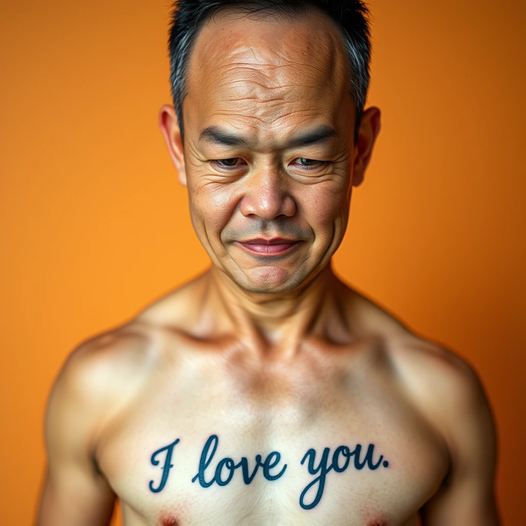 A portrait of a muscular, middle-aged Asian man, with a tattoo on his stomach that says "I love you". - Image