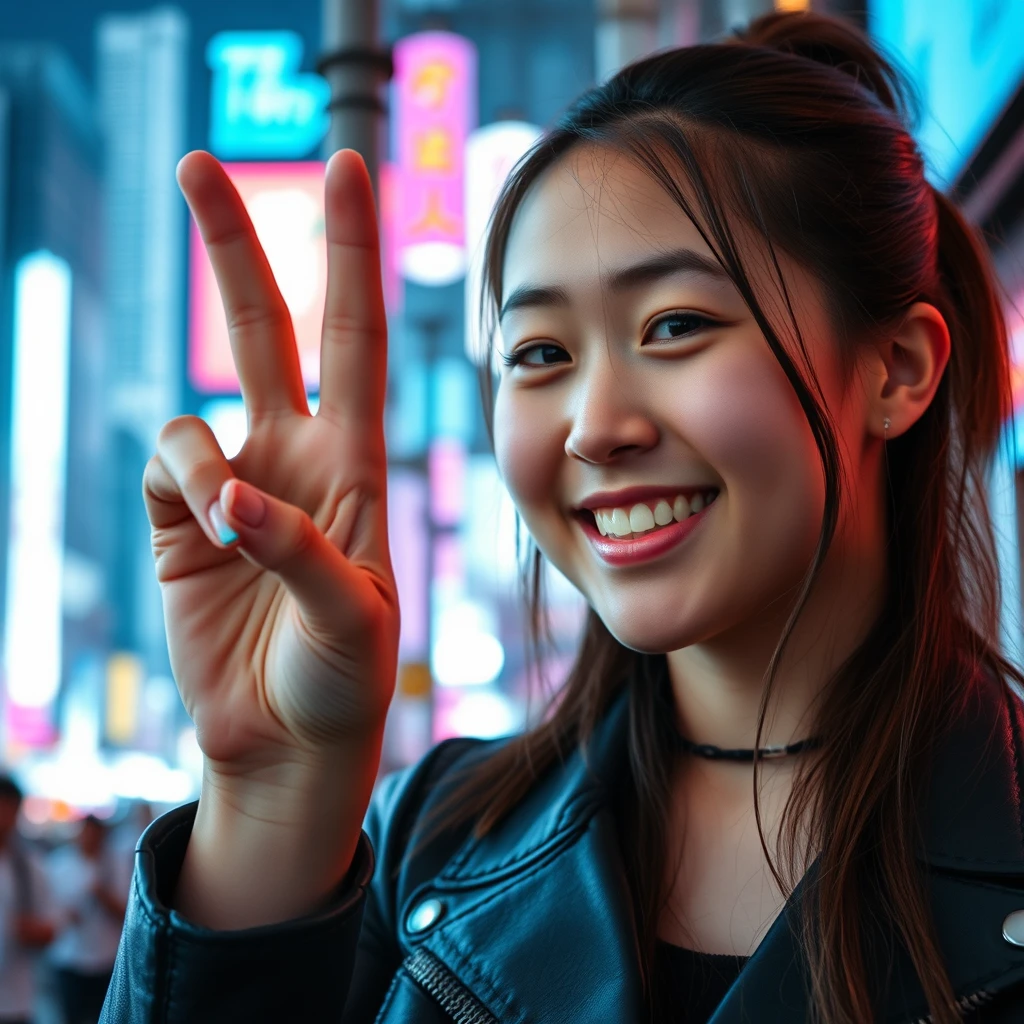 Photo of an Asian girl, holding up a peace sign, smiling, cyberpunk city background. - Image