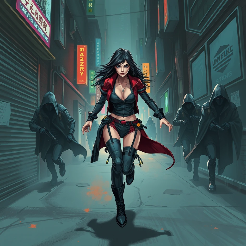 beautiful alluring cyberpunk female running down a dark dystopian urban alleyway being chased by cyberpunk assassins in hooded cloaks, brushed stroke anime art style, grunge art style, overwatch style - Image