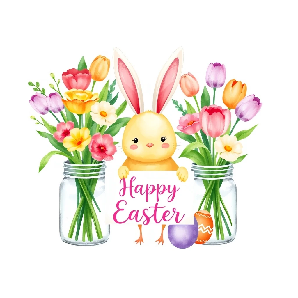 Easter floral bouquet in mason jars with bunny ears, tulips and easter eggs, cute chick holding sign "Happy Easter", watercolor illustration in the style of clipart on white background. - Image