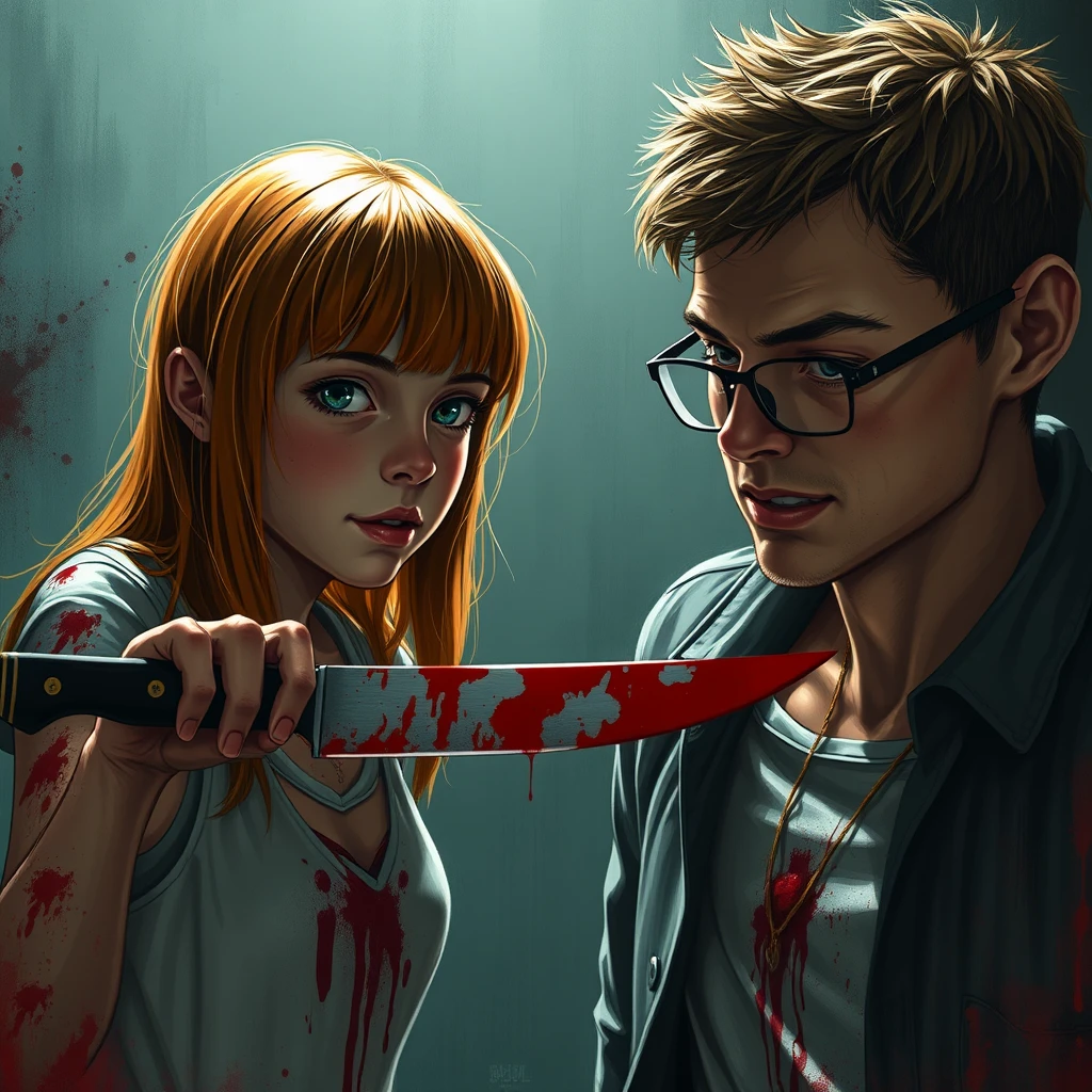 A horror scene; a short, skinny teenage girl with long ginger hair and bangs, green eyes, with a knife cutting a tall young Italian white guy who wears glasses, covered in blood.