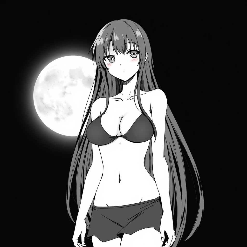 Girl with long, black hair in a black bikini. In the background, a black sky with a big, bright moon. Manga, grayscale.