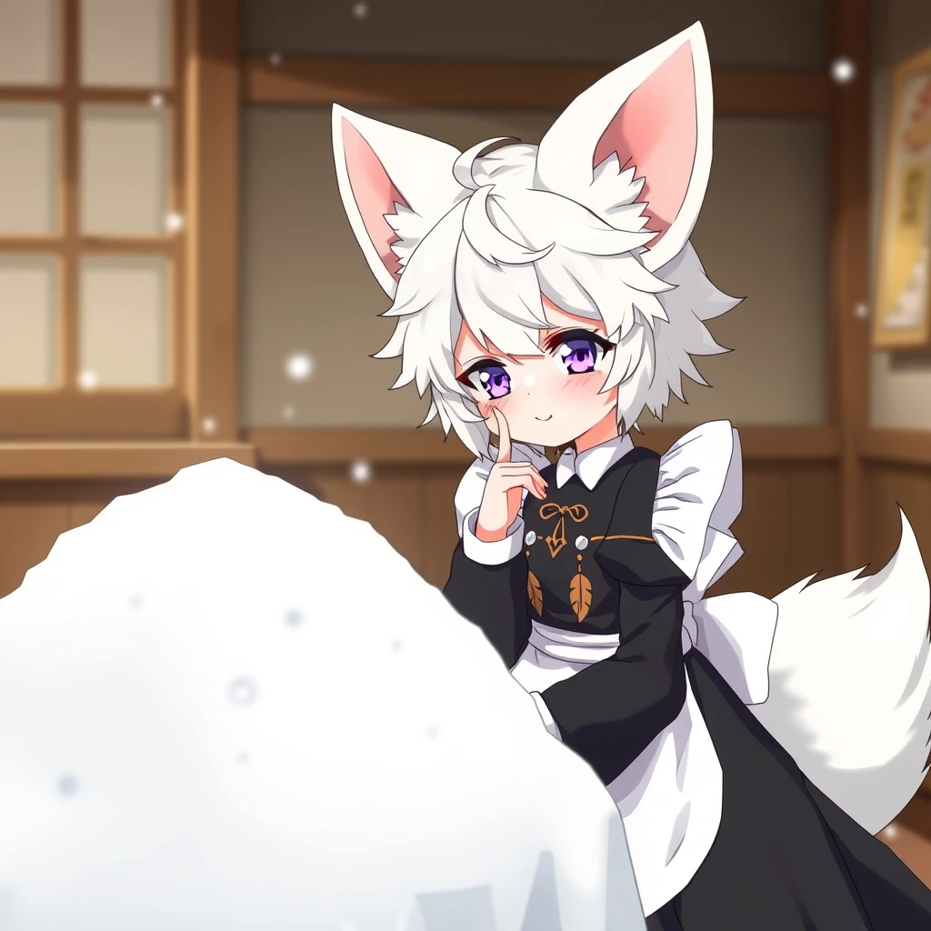 A cute anime girl with massive fluffy fennec ears and a big fluffy tail, white messy short hair, and purple eyes, wearing a maid outfit with a long black dress adorned with a gold leaf pattern and a white apron, is sitting at the table. On the table is a mountain of snow, and the girl looks at the snow with a greedy smile. - Image