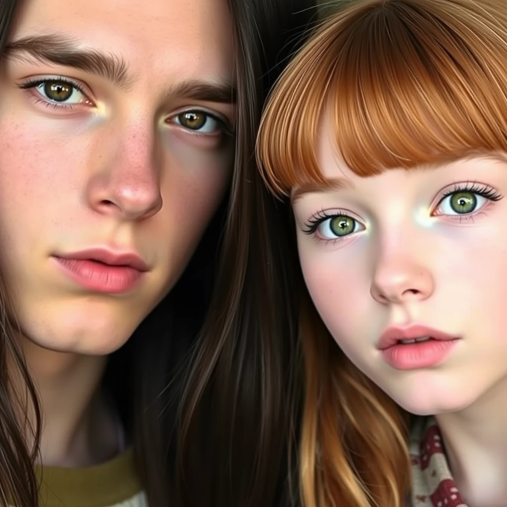 Young guy with long dark brown hair parted in the middle, sharp facial features, pale skin, light brown eyes, thick eyebrows, and long eyelashes, next to a cute white ginger girl with a turned-up small nose, pink lips, green eyes, and long bangs.