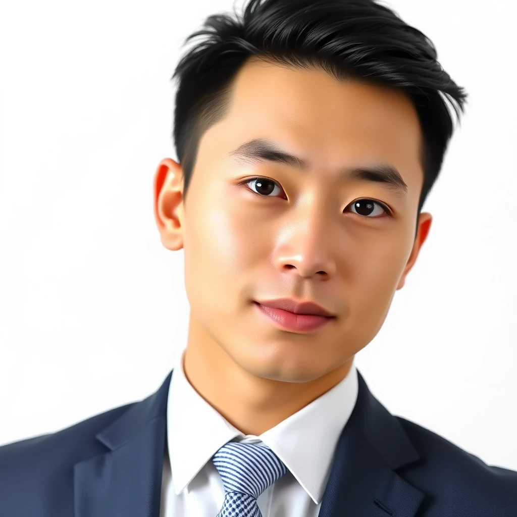 High-definition formal ID photo of a young handsome Chinese man in a suit against a white background. - Image