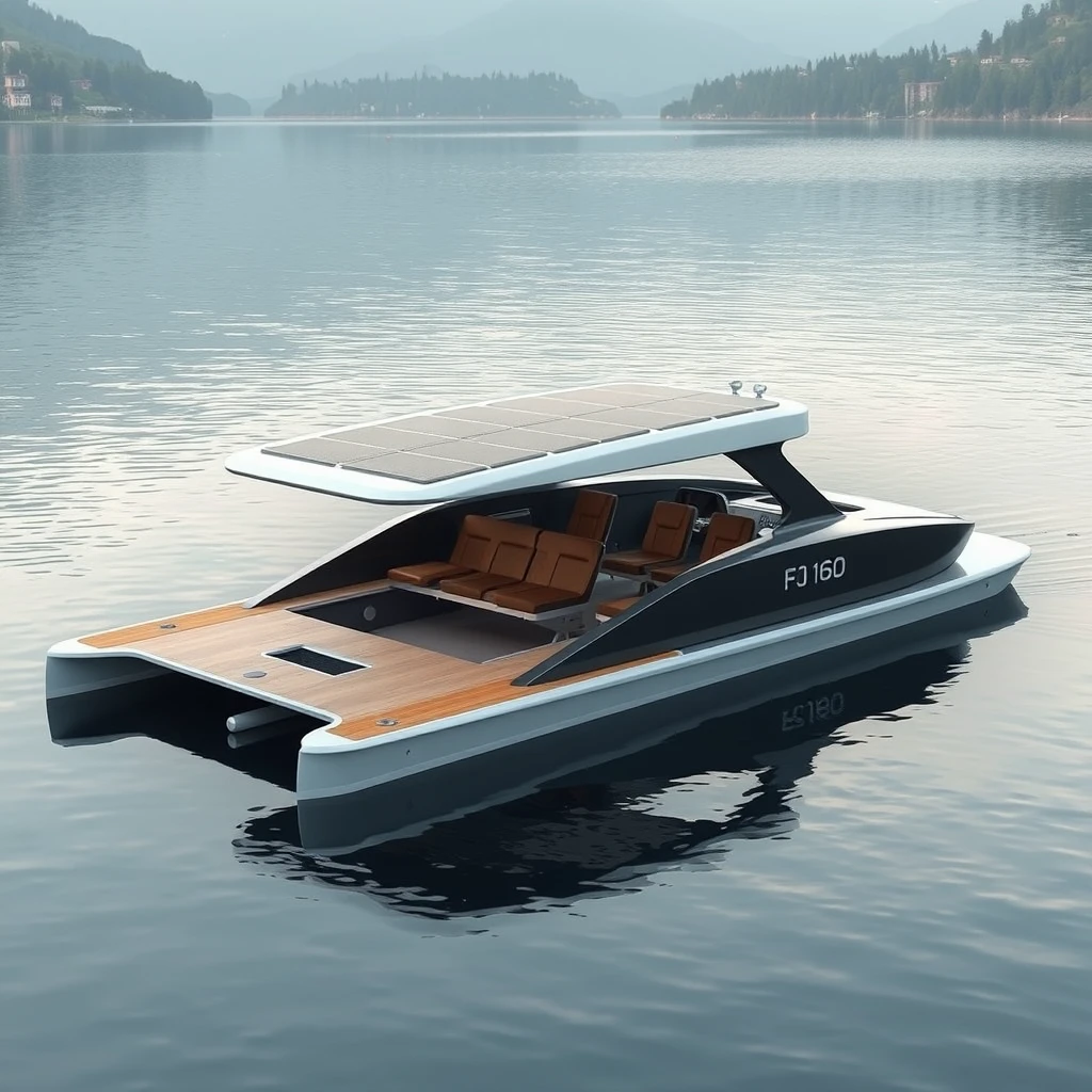 Smart minimalist design of an open hydrodynamic Catamaran boat with 6 seats, in a calm lake in Kashmir, the platform powered by batteries and thruster pods, with foldable hard roof carrying solar panels over it.