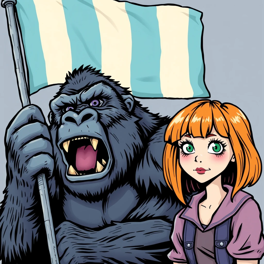 A fierce gorilla holding a three-striped flag in light blue, white, and light blue colors, next to a cute ginger-haired teenage girl with green eyes and bangs, illustrated in a vintage comic style. - Image