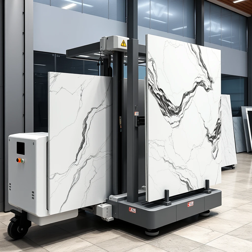 Smart, stylish automated AGV based carrier-cum-display system that holds 2 large 4 meter sized, polished marble panels such that one horizontal panel and one vertical marble panel, together form a large L-shaped configuration, in the pattern matching orientation, in a professional yet cheerful setting. - Image