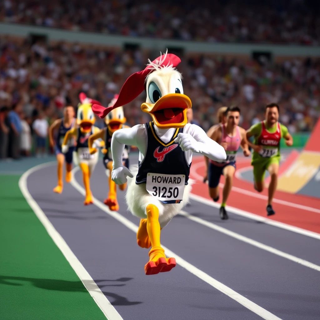 Howard the Duck leading the pack in the 400 meter Olympic final.