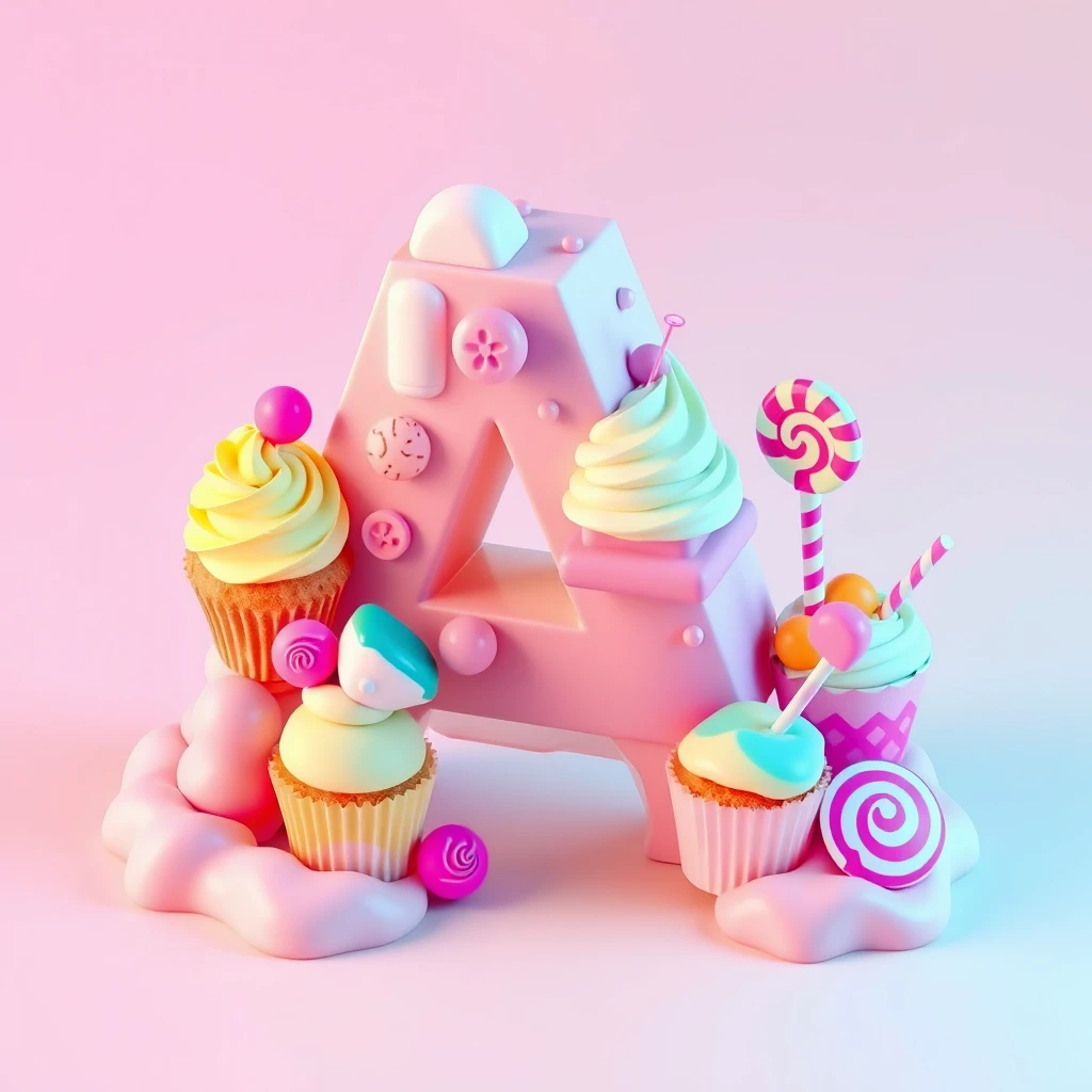 A 3D isometric letter "A" made from desserts. Includes cupcakes with neon frosting, ice cream cones, and lollipops. Surrounded by pastel candy clouds. Neon colors. - Image