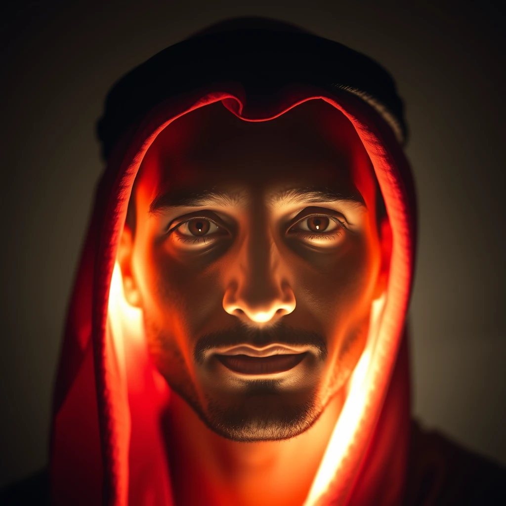 "Create an image of an Arab person with a face so brightly illuminated that the facial features are obscured by the intense glow. The light should be strong enough to create a halo effect around the person, making their face appear almost ethereal and not fully visible. The background should be a subtle gradient to enhance the focus on the radiant face."