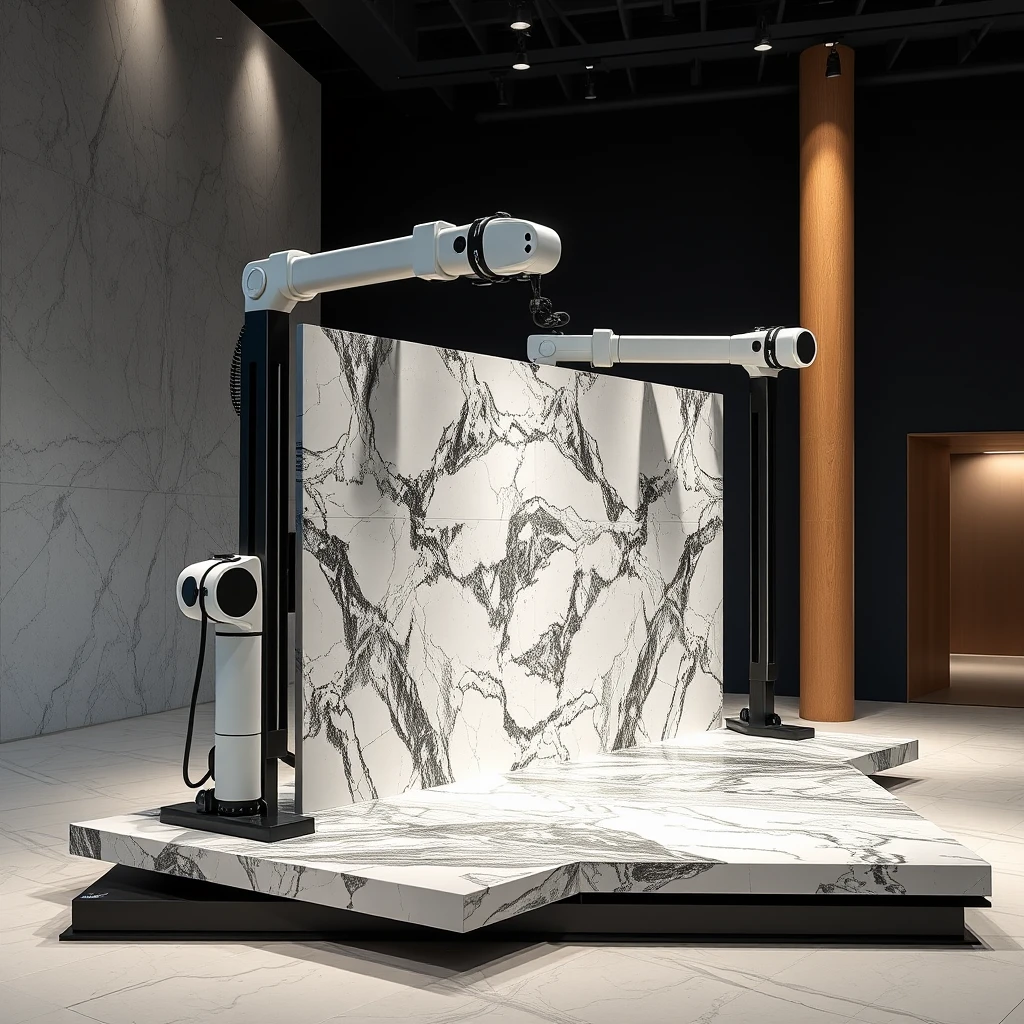 Smart, stylish robotic display system that can hold large 4 meter sized, polished marble panels such that the marble can be oriented vertically or horizontally, in book match format, for best viewing experience.