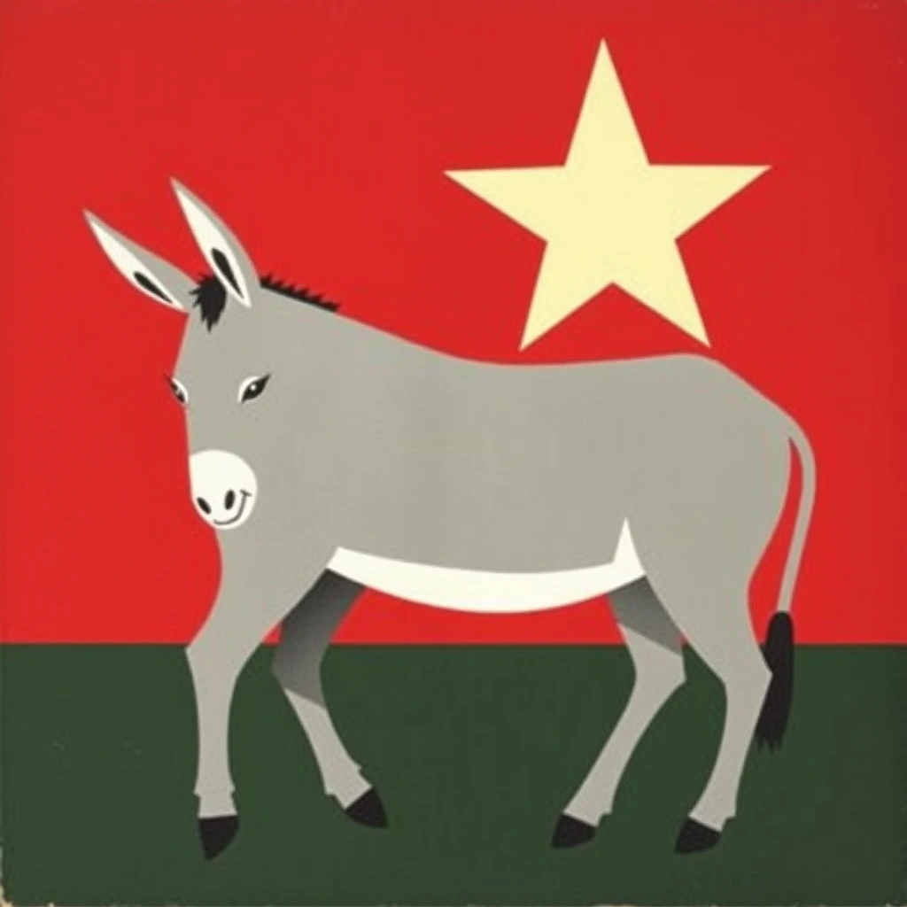 Soviet poster depicting a donkey, constructivist style. The donkey is gray and the background is dark red.