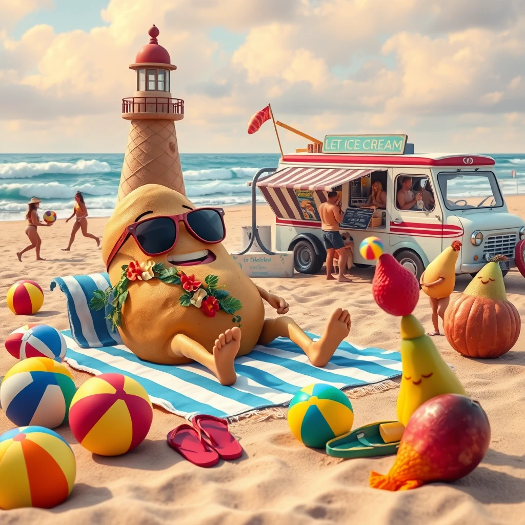 A giant potato in sunglasses and a Hawaiian shirt lounges on a beach towel surrounded by colorful beach balls and flip-flops. Nearby, anthropomorphic fruits play beach volleyball. In the background, a lighthouse sand sculpture stands next to an ice cream truck with a giant cone, serving treats to cheerful beachgoers. The scene captures a fun, playful summer vibe with the sound of waves crashing nearby. Aspect ratio 16:9. - Image