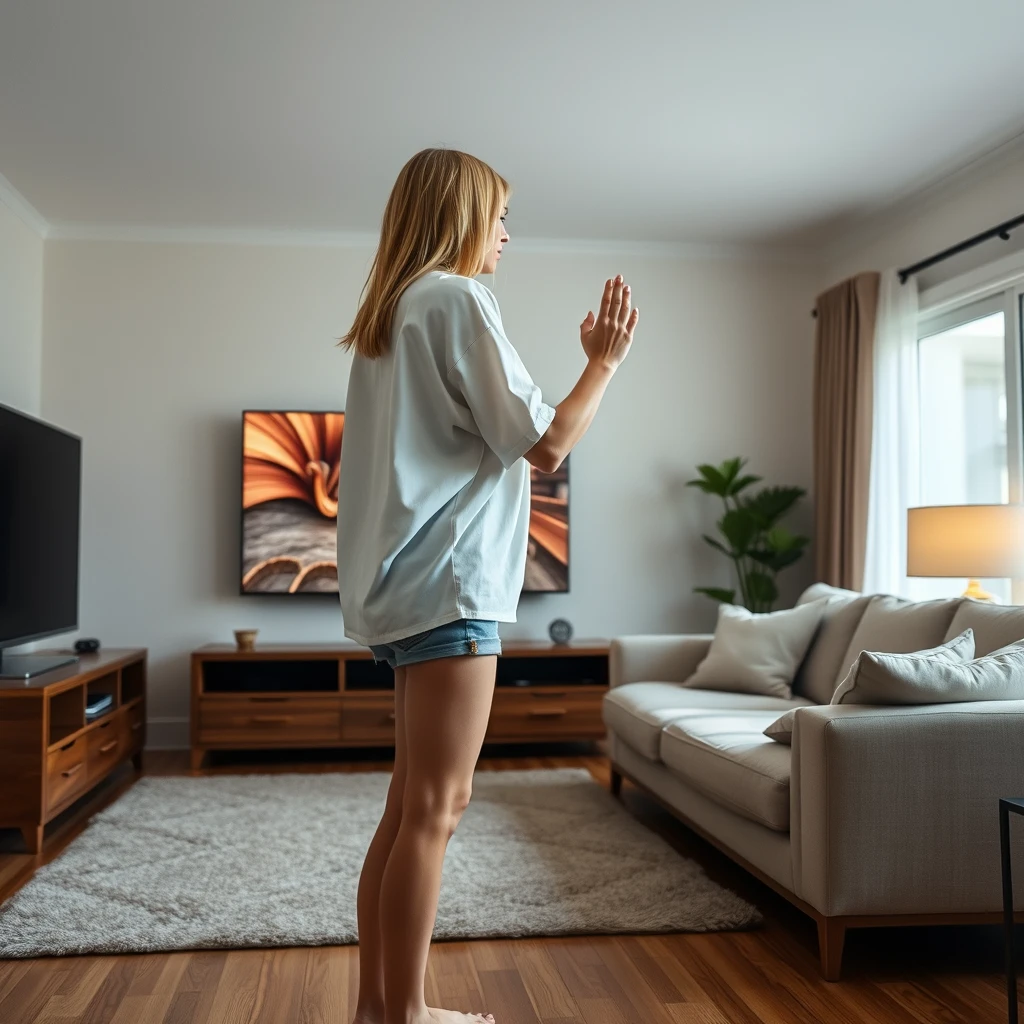 Side angle of a skinny blonde woman in her large living room, wearing an extremely oversized white short-sleeve shirt and light blue denim shorts, with no shoes or socks on. She is facing her TV, and both her hands disappear as they go through the screen when she touches it.